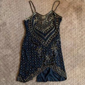 XL Black Silk Flapper Dress w/ Gold Bugle Beading